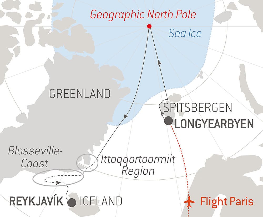 The Geographic North Pole and the east coast of Greenland  null